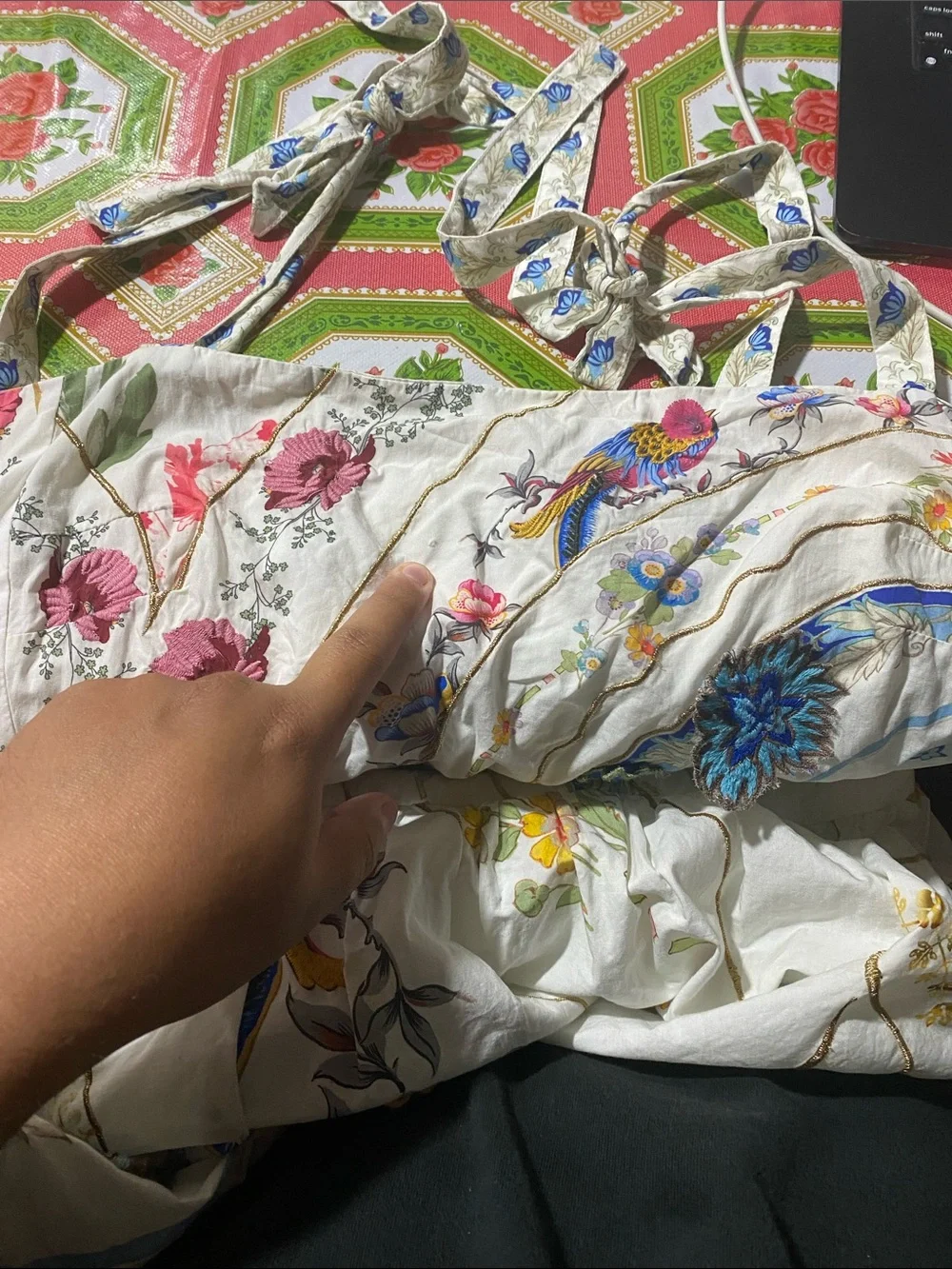 Anthropologie Tie Strap Printed Midi Dress Floral Sundress Birds Large - Picture 4 of 13